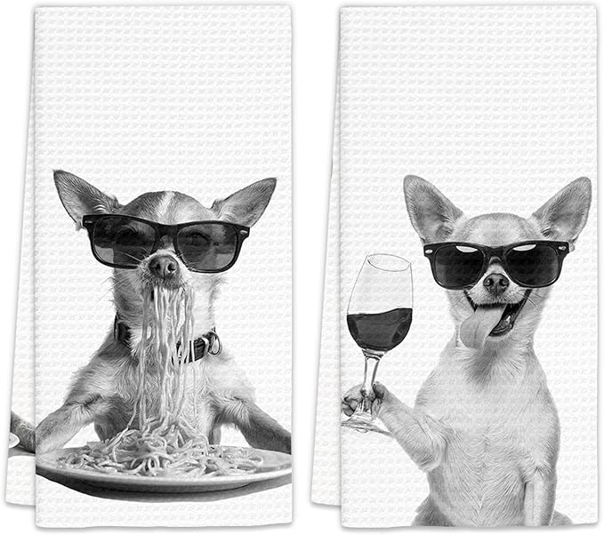 Chihuahua Gifts Wine Kitchen Towels Set of 2, Funny Chihuahua Dog Eating Pasta Decorative Hand Dish Towel for Kitchen Home Bar, Gift for Dog Wine Lovers Home Bar Decor(16x24Inch)