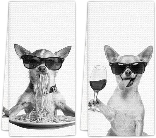 Chihuahua Gifts Wine Kitchen Towels Set of 2, Funny Chihuahua Dog Eating Pasta Decorative Hand Dish Towel for Kitchen Home Bar, Gift for Dog Wine Lovers Home Bar Decor(16x24Inch)
