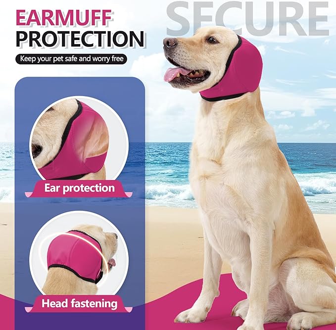 Waterproof Dog Ear Covers for Grooming, Bathing,Swimming, Pet Calming Hoodie Dog Ear Muffs Noise Protection for Blow Drying Sleep Help Headband (Pink，L)