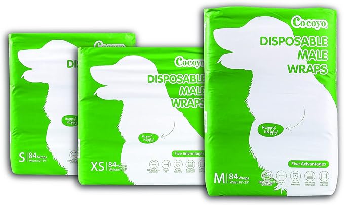 COCOYO Disposable Male Dog Wraps, Extra Small Size, 84 Count, Super Absorbent, Breathable, Wetness Indicator Green
