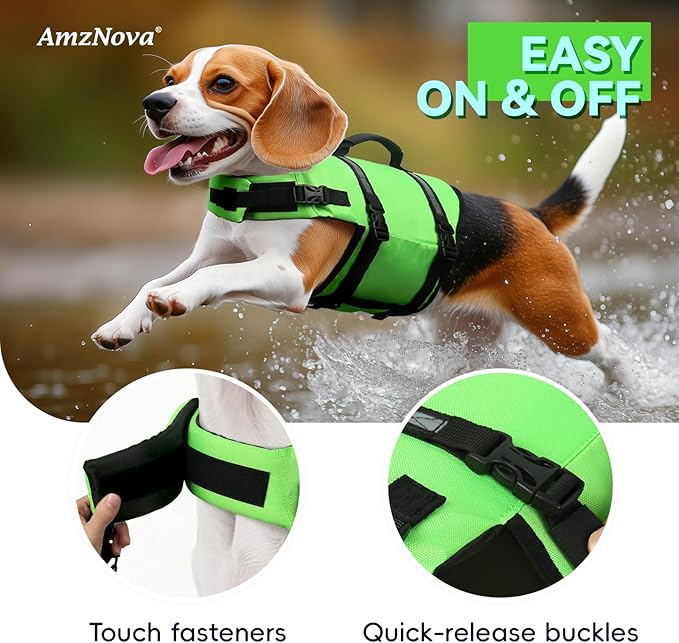 AMZNOVA Rip Stop Dog Life Jacket, Dog Life Vest for Swimming & Boating, Lightweight & Buoyancy for Doggy Puppy, Lifejacket with Handle, M, Bright Green