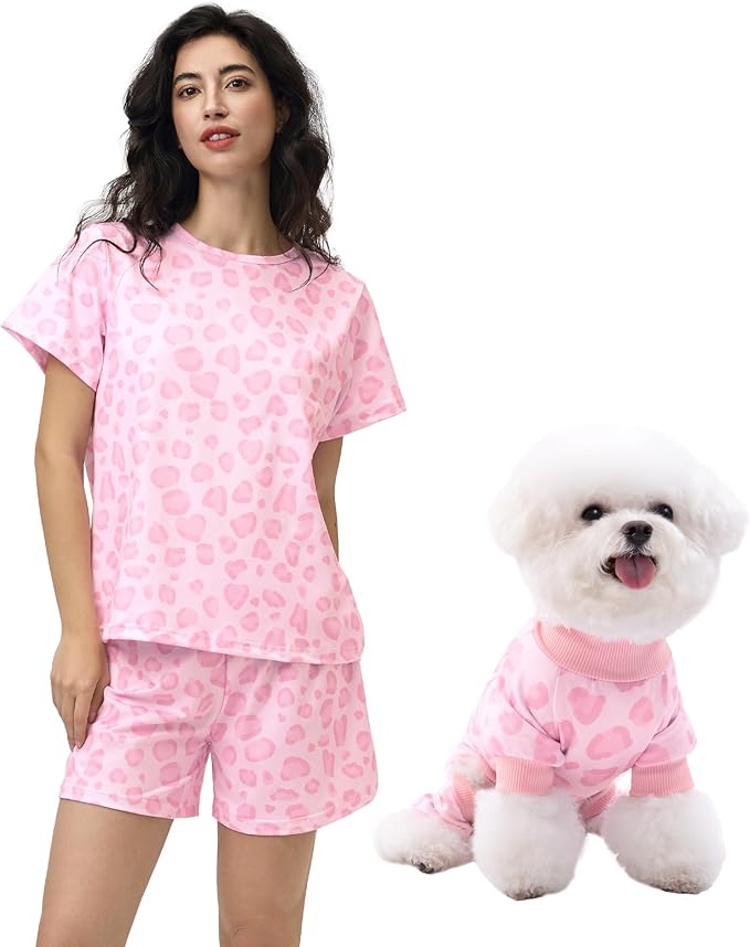 XPUDAC Matching Dog and Owner Clothes Womens Pajama Set Loungewear Short Sleeve Tee and Shorts, Owner and Pet Pajamas Are Sold Separately Leopard