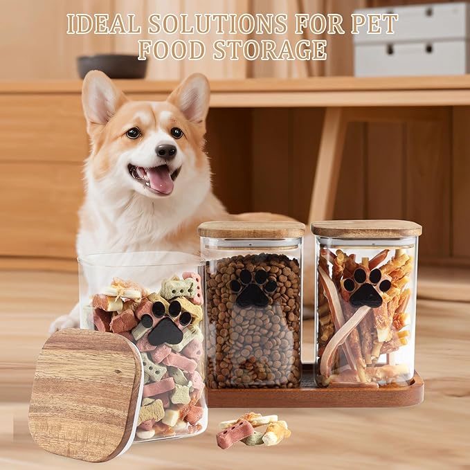 Morezi Dog Treat Container airtight Treats jar for countertop Closet Dog Food Storage 3 Jars with Tray Great for organizing pet Dogs Cats Birds Animal Food Treats Snack Khaki Bar