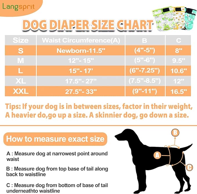 Langsprit Washable Female Dog Diapers (3 Pack) - No Leak Reusable Diapers for Doggy Female in Period - Highly Absorbent Dog Heat Panties with Adjustable Snaps (Black, Pink, Purple, Large)
