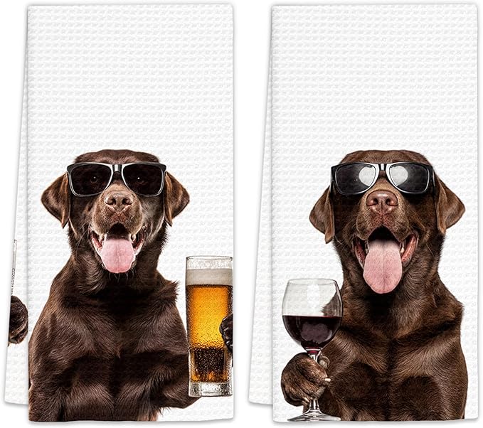 Chocolate Lab Gifts Wine Kitchen Towels Set of 2, Funny Chocolate Labrador Retriever Wine Lover Decorative Hand Dish Towel for Kitchen Home Bar, Gifts for Beer Lovers Home Bar Decor(16x24Inch)