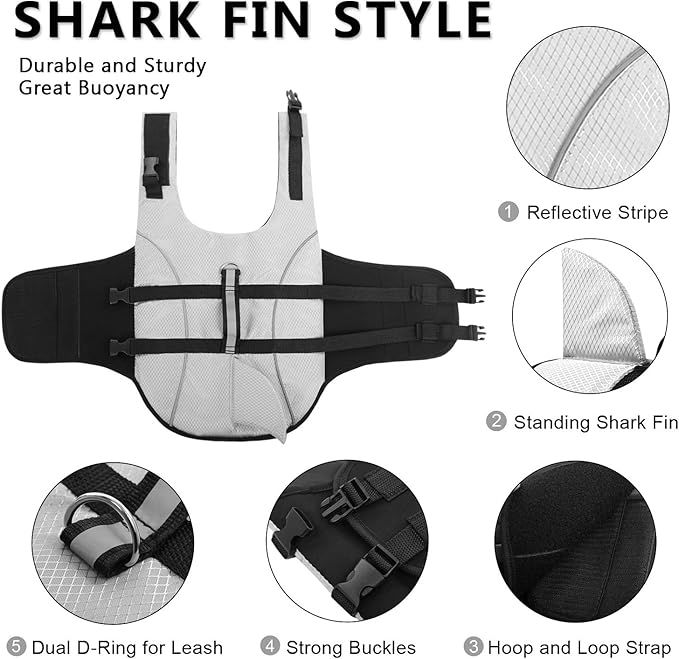 Ripstop Dog Life Jacket Shark Life Vest for Dogs, Safety Lifesaver with High Buoyancy and Lift Handle for Small and Medium Breeds（Grey L）