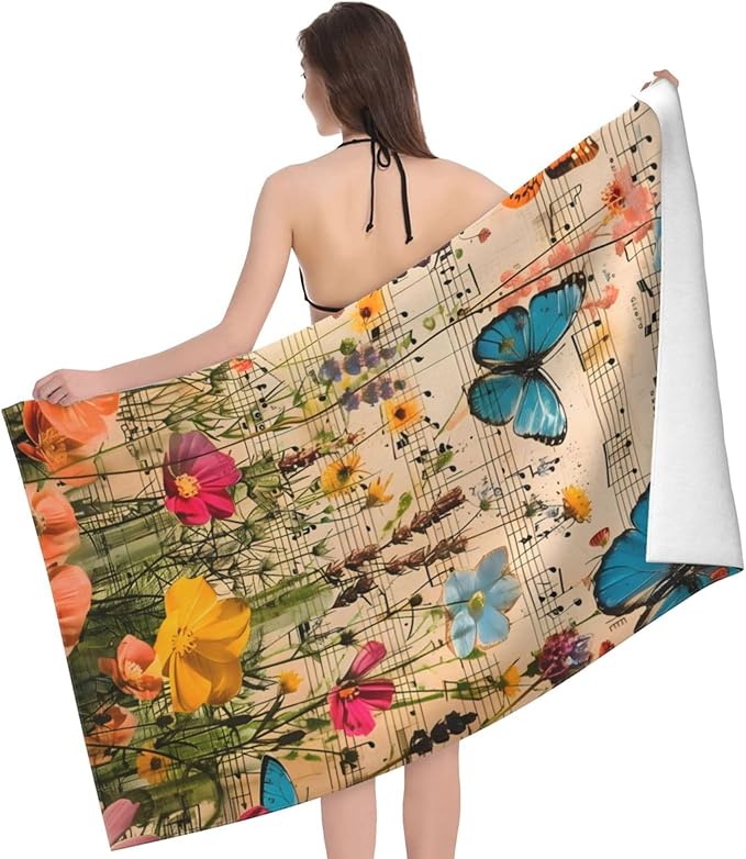 Butterfly and Music Beach Towel 31inx51in, Floral and Musical Sand-Free Microfiber Bath Towel Ultra Soft Quick Dry Pool Towel Absorbent Towel Lightweight Towel for Swimming Bathroom Decor