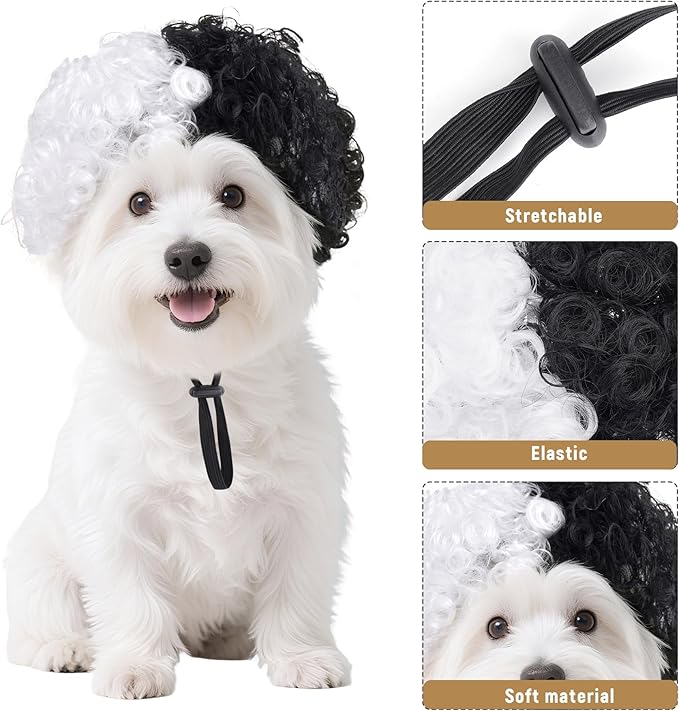 1 Pcs Funny Pets Wigs for Dog, Funny Black and White Curly Dog Wig Adjustable Pet Wigs for Halloween Pet Costume Accessories for Halloween, Christmas, Parties, Festivals Cosplay
