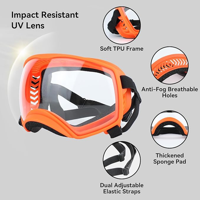 PETLESO Dog Goggles for Large Breed, Clear Dog Sunglasses Anti-UV Wide View Medium Large Pet Eye Protection for Driving Riding Hiking, Adjustable Straps, Orange