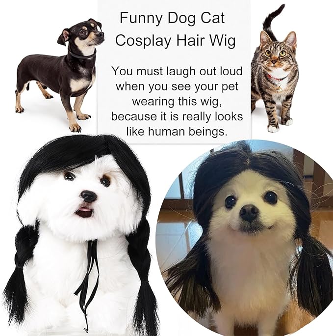 Funny Dog Wig Pet Costumes,Kediciz Cat Costume Synthetic Hairpiece Cosplay Wigs, Headwear for Halloween Christmas Festivals Party Decor, Fancy Dress,Adjustbale Size,28CM Black Braide