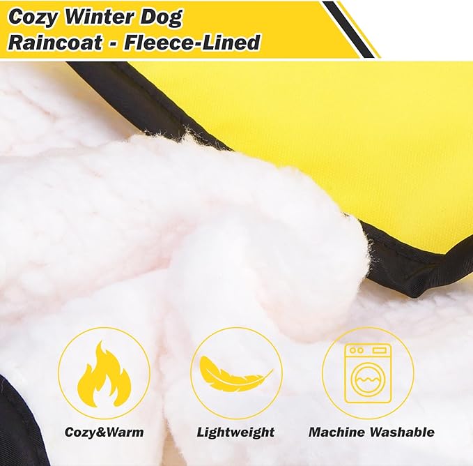 KOOLTAIL Winter Dog Raincoat Hooded Slicker Poncho with Leash Hole, Thick Fleece Rain Coats for Small Medium Dogs Puppy, Windproof Plush Warm Pet Rain Jacket with Reflective Adjustable Strip, Yellow M