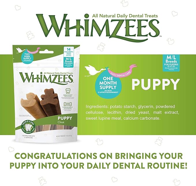Whimzees 3 Pack of Puppy Daily Dental Treats, 14 Sticks Each, for Medium to Large Puppies