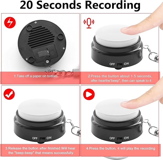 Recordable Talking Button with Keychain, 20s Voice Recording Time Sound Button Answer Buzzers Funny Buttons Record Your Own Words Also Used for Dog Training - White and Black (Battery Included)