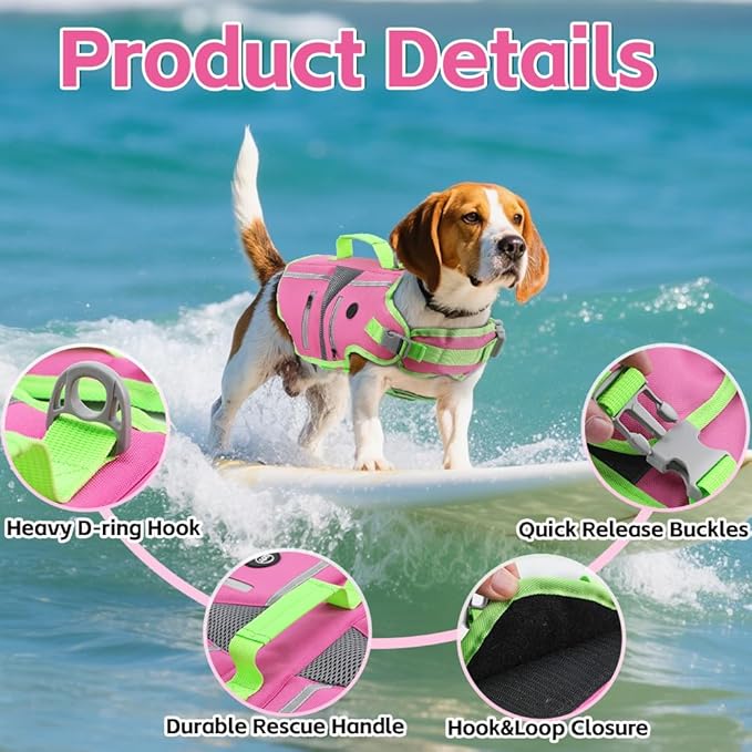EMUST Dog Life Jacket, Reflective Dog Life Vest for Swimming with 4 Pockets, High Buoyancy Small Medium Large Dog Floating Vest with Reinforced Rescue Handle, Pink, XS