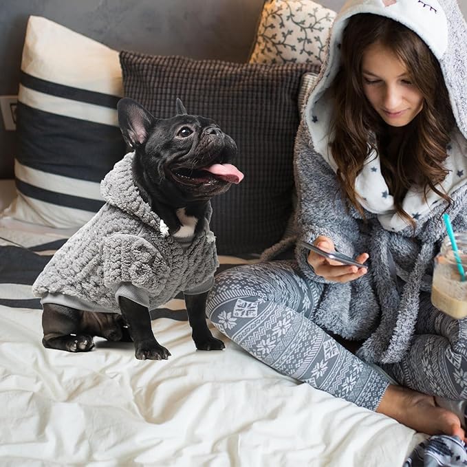 KOOLTAIL Fuzzy Dog Sweater Hoodie for Small Medium Large Dogs, Soft Fleece Pet Clothes Sweatshirt with Leash Hole, Warm Winter Dog Sherpa Jacket Snuggie Cold Weather Coat for Puppy Cats Girl, Grey L