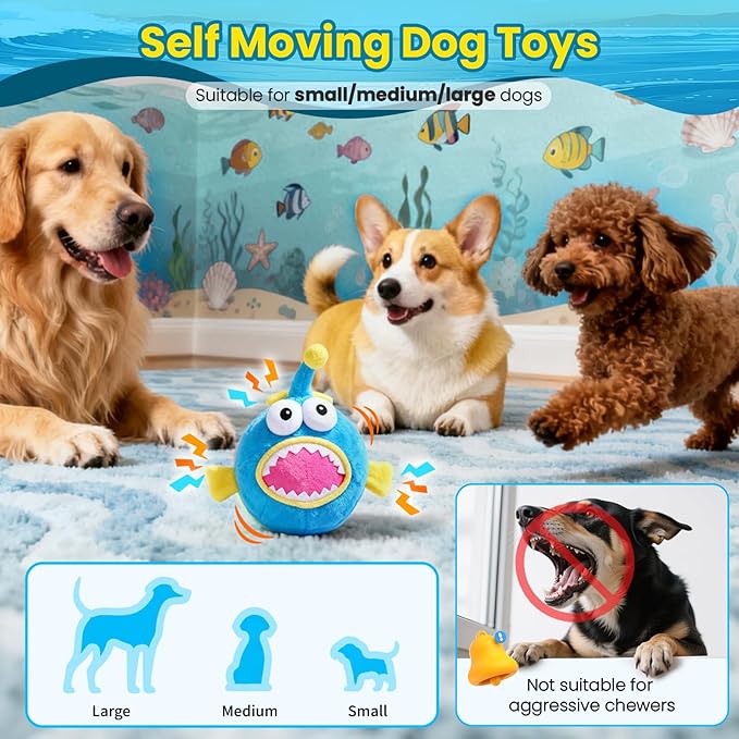Interactive Dog Toys, Self Moving Dog Toy to Keep Them Busy, Electronic Vibrating Dogs Toy/Squeaky Bouncing Ball for Small Medium Large Dogs with Jumping Music Talking Mode (Lanternfish)