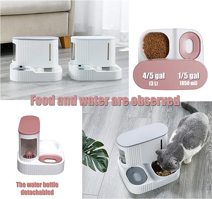 Cat Feeder and Water Dispenser,2 in 1 Gravity Automatic Bowl Auto Pet Dry Food Self Feeding Container Dishes Set for Dog Puppy Kitten Kit Set (Pink)