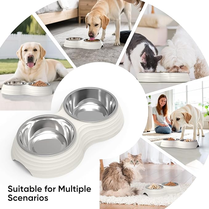 Stainless Steel Dog Bowls Set, Double Food & Water Bowls for Dogs, Dual Dog Food Bowl with 2 Small (6oz*2) Bowl, Non-Slip Pet Bowls Suitable for Puppies, Kittens and Small Breed Dogs (White)