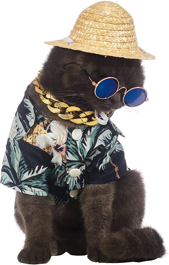 Hawaiian Dog T Shirts Pet Summer Clothes Cat Sunglasses Funny Straw Hat Kitten Costumes with Gold Chain Collar (Small,Black)