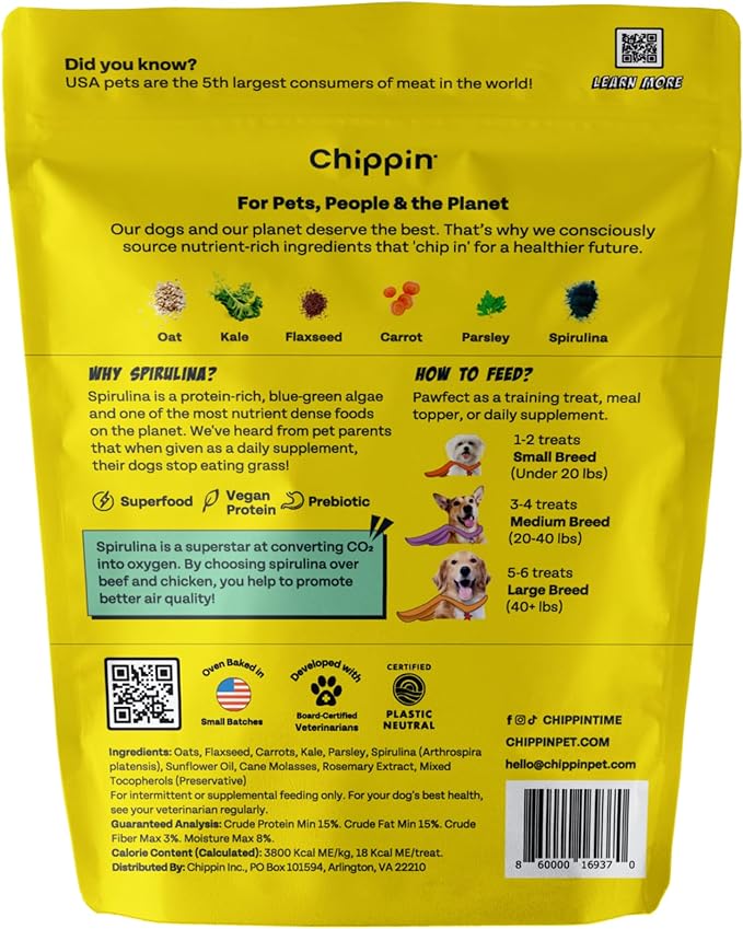 Chippin Healthy Dog Treats, All Natural Crunchy Biscuits with Spirulina, Kale, Oats, Low Calorie, No Meat, Hypoallergenic, Vegan Treats for Puppy, Small, Large Dogs, 2 Pack