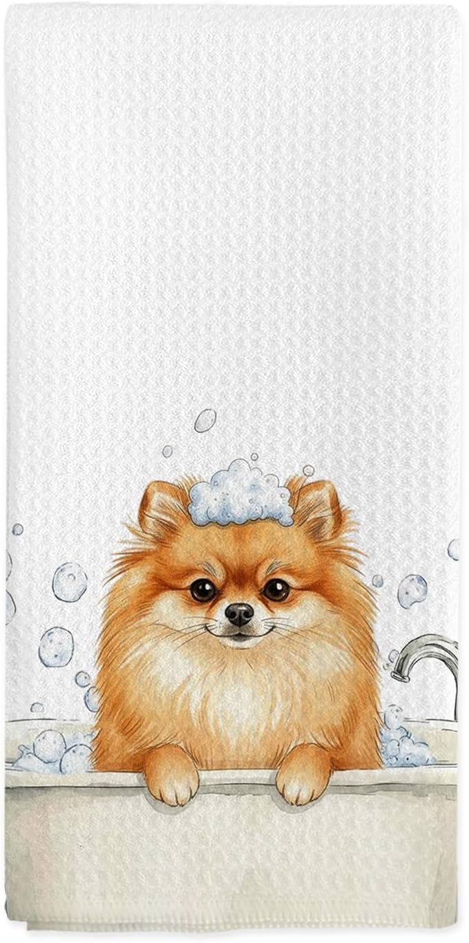 Funny Pomeranian Gifts Hand Towels, Dog Bathroom Decor, Cute Pomeranian Dog Dish Tea Towels, Funny Pomeranians in Bathtub Hand Towel for Toilet Kitchen Restroom Decor, 16x24 Inch