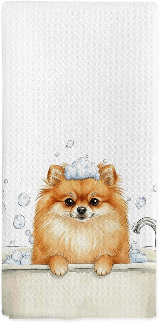 Funny Pomeranian Gifts Hand Towels, Dog Bathroom Decor, Cute Pomeranian Dog Dish Tea Towels, Funny Pomeranians in Bathtub Hand Towel for Toilet Kitchen Restroom Decor, 16x24 Inch