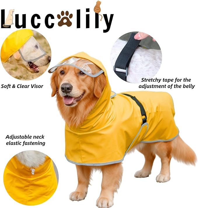 Dog Poncho Hooded Raincoat for Puppies & Small to Large Dogs, Reflective Strips for Night Safety, Lightweight & Adjustable Fit (Large, Yellow)