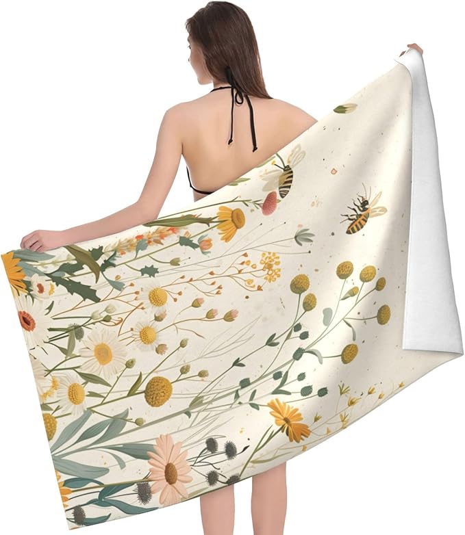 Wildflowers and Bees Beach Towel 31inx51in, Floral Sand-Free Microfiber Bath Towel Ultra Soft Quick Dry Pool Towel Absorbent Towel Lightweight Towel for Swimming Bathroom Decor