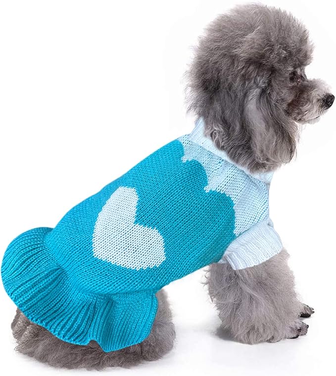 CHBORCHICEN Pet Dog Sweaters Classic Knitwear Turtleneck Winter Warm Puppy Clothing Cute Strawberry and Heart Doggie Sweater (L, Dress-Sky Blue)