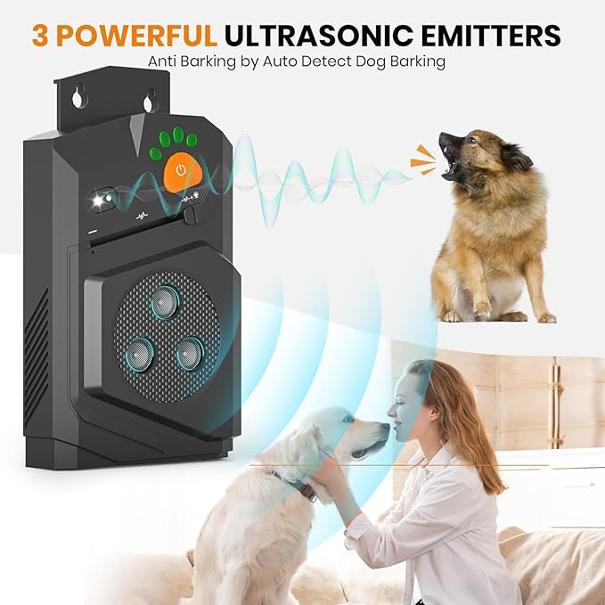 Automatic Anti Barking Device for Dogs, Ultrasonic Dog Bark Deterrent with 3 Emitters, 50Ft Range, No Shock Barking Silencer, IP66 Waterproof for Outdoor & Indoor