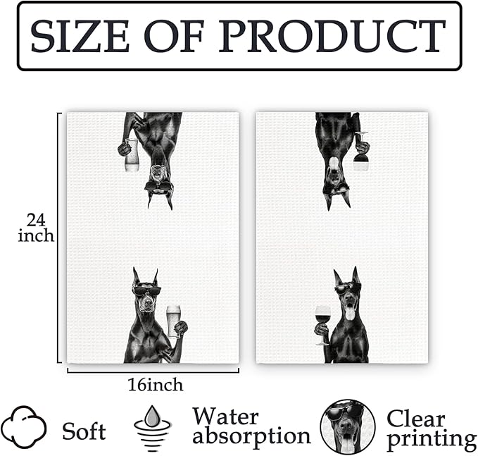 Doberman Gifts Wine Kitchen Towels Set of 2, Funny Doberman Wine Lover Decorative Hand Dish Towel for Kitchen Home Bar, Gifts for DobermanDog Beer Lovers Home Bar Cart Decor(16x24Inch)