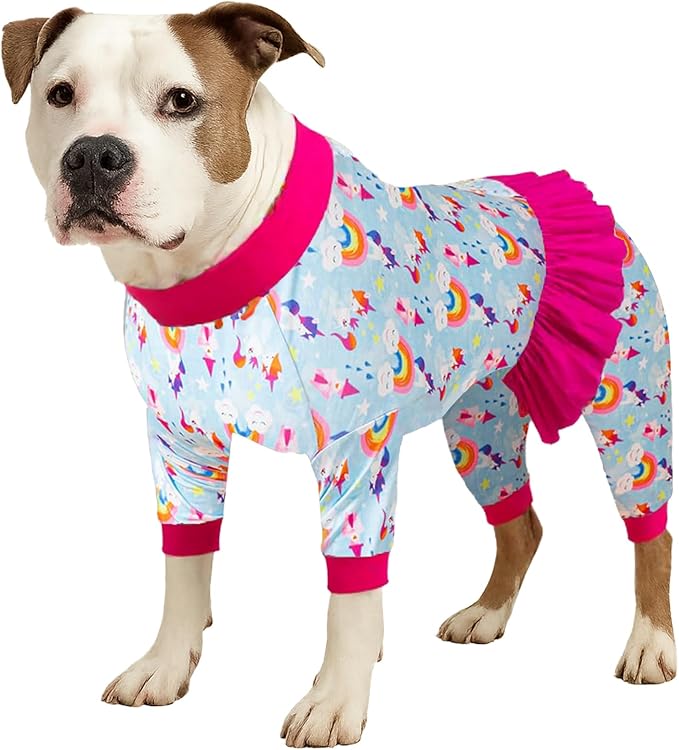 LovinPet Large Dog Pajamas, Dog Onesie UV Protection, Lightweight Stretchable Fabric, Post-Surgical Pajamas, Rainbow Castle Print, Undershirt for Dog Dresses, Pitbull Clothes, Red 3XL