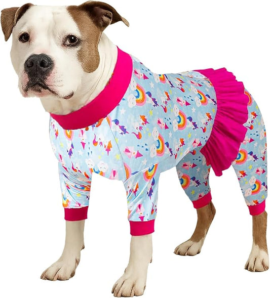 LovinPet Large Dog Pajamas, Dog Onesie UV Protection, Lightweight Stretchable Fabric, Post-Surgical Pajamas, Rainbow Castle Print, Undershirt for Dog Dresses, Pitbull Clothes, Red L