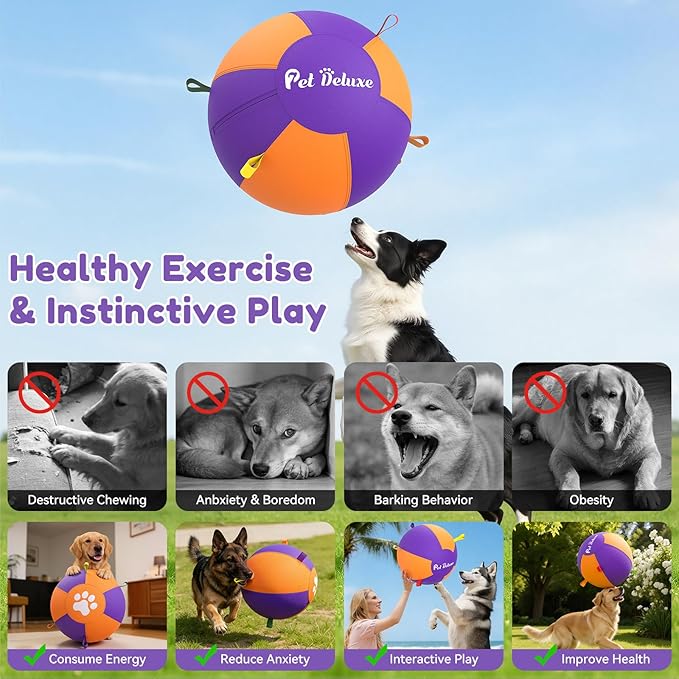 Pet Deluxe 18" Herding Ball for Large Dogs - Durable Interactive Herding Toy with Fast Pump in 60S & Carry Handles, for Australian Shepherd, Border Collie, Outdoor Training & Backyard Play