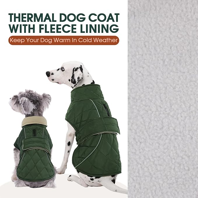Kuoser Dog Coat, Super-Warm Dog Jacket Windproof Pet Cold Weather Coats for Extra Large Dogs, Fleece Lining Quilted Turtleneck Puppy Snowsuit Reflective Adjustable Doggie Winter Clothes, Green, 2XL
