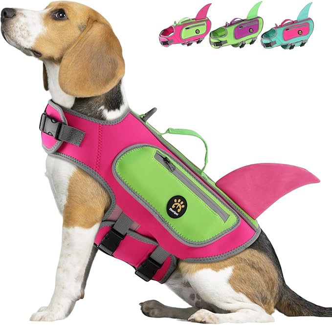 Dog Life Jacket Shark, Good Visibility Dog Life Vest for Swimming Boating, Reflective & Adjustable Pet Swim Floating Vest with High Buoyancy for Small Medium Large Dogs (Rosepink, X-Large)