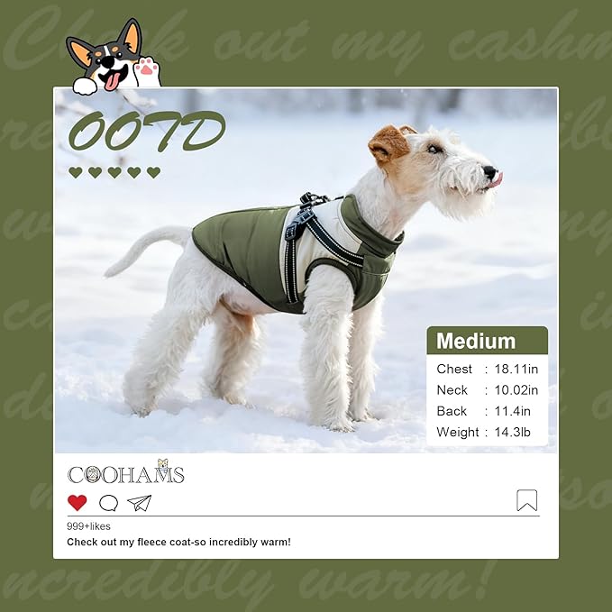 Dog Winter Coat for Small & Medium Dogs, Waterproof Dog Coat with Harness, Puppies Windproof Puppy Puffer Jacket, Snowsuit for Dachshund, Frenchie, Corgi (Classic Green,2XL)