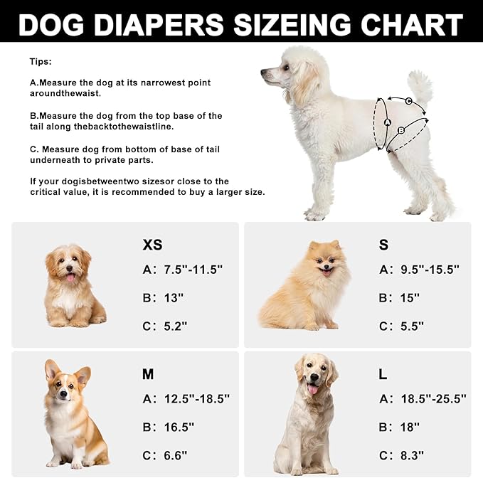 Washable Dog Diapers Female 3 Pack Reusable Highly Absorbent Puppy Diapers, Premium Doggie Diapers, Durable Leak-Proof Dot Doggy Diapers for Period Heat Incontinence Potty Training,L