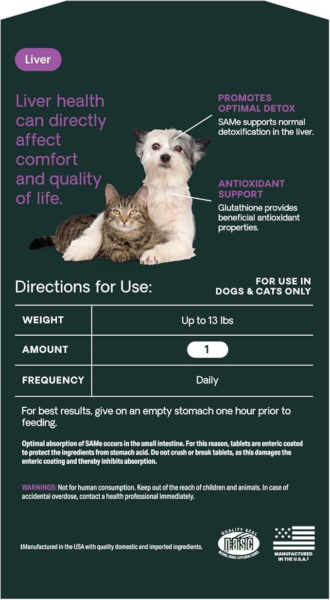 VetriScience Same Liver Health Tablets, 90 mg S-Adenosyl-Methionine Health and Detox Supplement for Cats and Small Dogs Under 13 Pounds, Glutathione Antioxidant Support, 30 Count