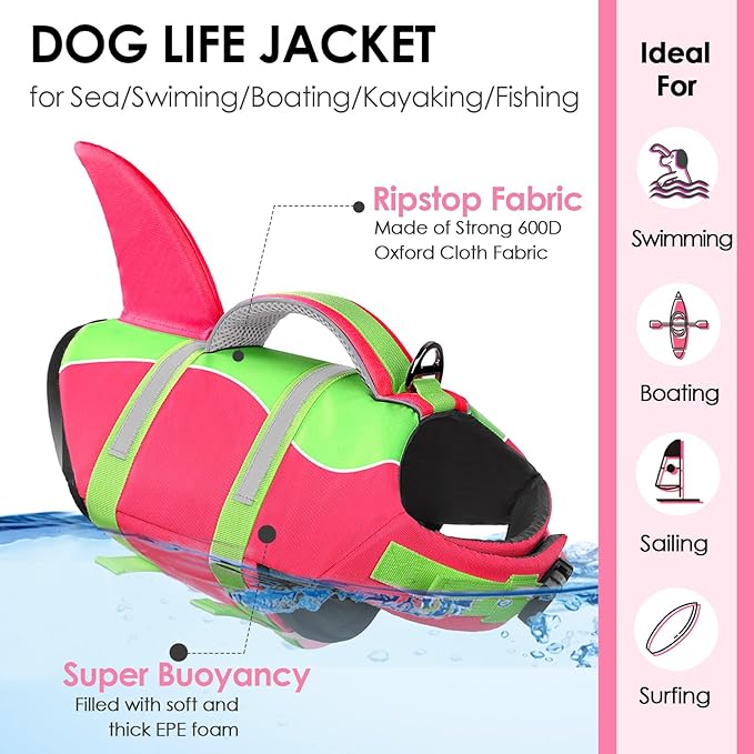 AOFITEE Dog Life Jacket, Dog Life Vest for Swimming, Shark Dogs Swimming Vest with Rescue Handle and Reflective Stripe, Ripstop Pet Float Coat Swimsuit Lifesaver Small Medium Large Dogs Hot Pink XS