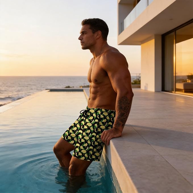 Mens Swim Trunks with Compression Liner Quick Dry Zipper Pocket Bathing