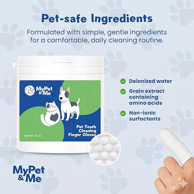 MyPet&Me Dog Dental Wipes, 50 Count - Disposable Finger Tooth Wipes for Dogs and Cats, Textured No-Rinse Cloths for Teeth and Gums, Fits Most Fingers, Travel-Friendly
