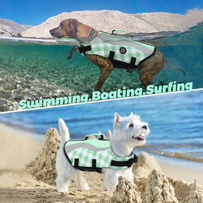 EMUST Life Jacket for Large Dogs, Dog Life Vest for Small/Medium/Large Dogs with Double Rescue Handles, High Reflective Dog Lifesaver for Swimming, Turquoise Check, L