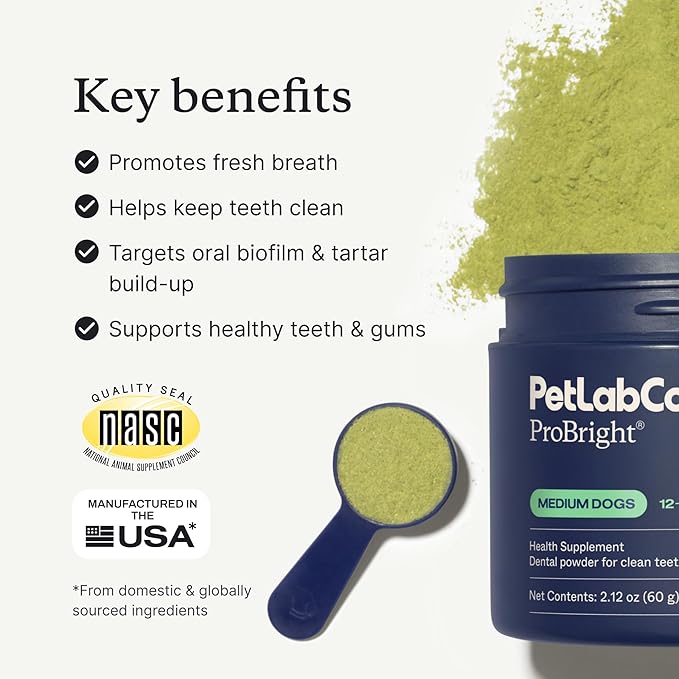 PetLab Co. ProBright Dental Powder - Dog Breath Freshener - Teeth Cleaning Made Easy – Targets Tartar & Bad Breath - Formulated for Medium Size Dogs - Pack of 2