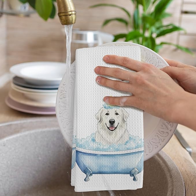 Funny Great Pyrenees Gifts Bathroom Hand Towel, Great Pyrenees Duck Gifts Hand Towel for Bathroom Kitchen Washroom Decor, Funny Dog in Bathtub Dish Tea Towels, 16x24 Inch