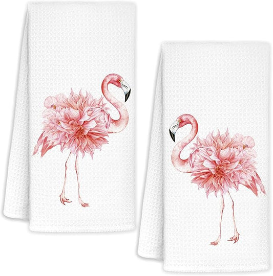 Pink Floral Flamingo Bathroom Hand Towels Set of 2, Flamingo Gifts for Women, Pink Flamingos Decor Hand Towels for Bath Room Washroom, Tropical Animal Kitchen Dish Towel, 16x24 Inch