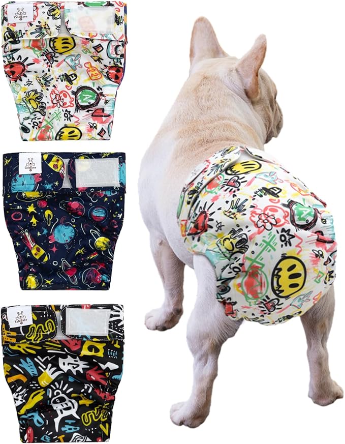 CuteBone Washable Dog Diapers Female No Tail Hole 3 Pack Reusable Doggie Period Training Pants for Docked-Tail Frenchie French Bulldog Boston Terrier Without Tail WWD26XS