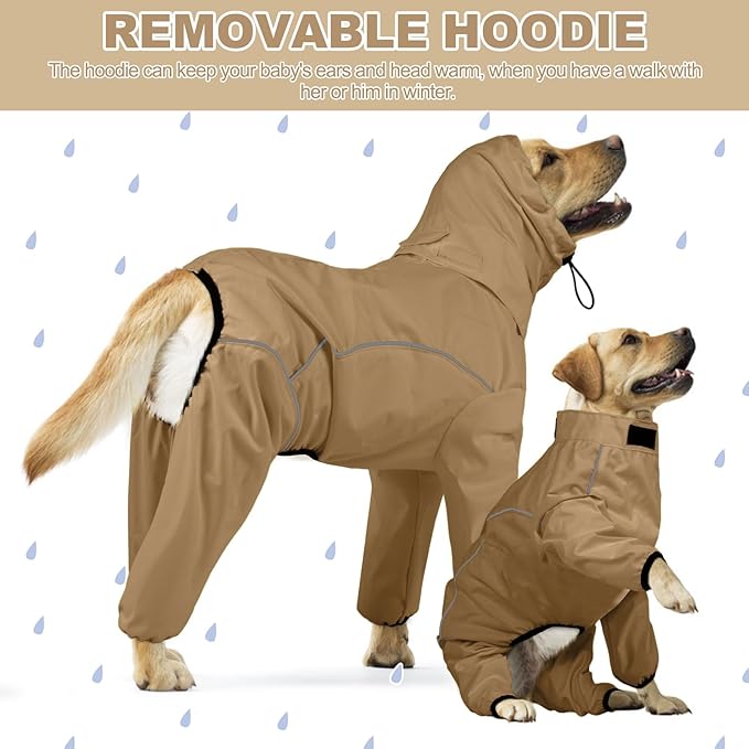 Dog Raincoat, Waterproof Dog Rain Jacket with Removable Hood，Adjustable 4 Legs Pet Poncho with Leash Hole，Reflective Stripe Hooded Snowproof Windproof Clothes for Small to 3X-Large Dogs, XL