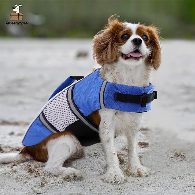 Dog Life Jacket Swimming Vest Lightweight High Reflective Pet Lifesaver with Lift Handle, Leash Ring Blue,L