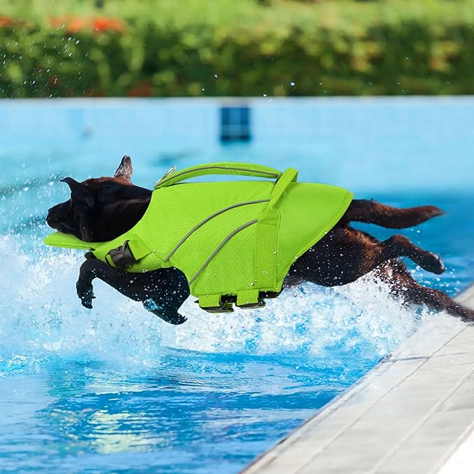Queenmore Small Dog Life Jacket with Reflective Stripes, Adjustable Life Jacket for Small Dogs, Puppy Swimming Vest High Flotation, Puppy Life Jacket with Front Neck Float (Green,S)